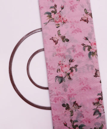 light pink and dark green floral chanderi digital print fabric